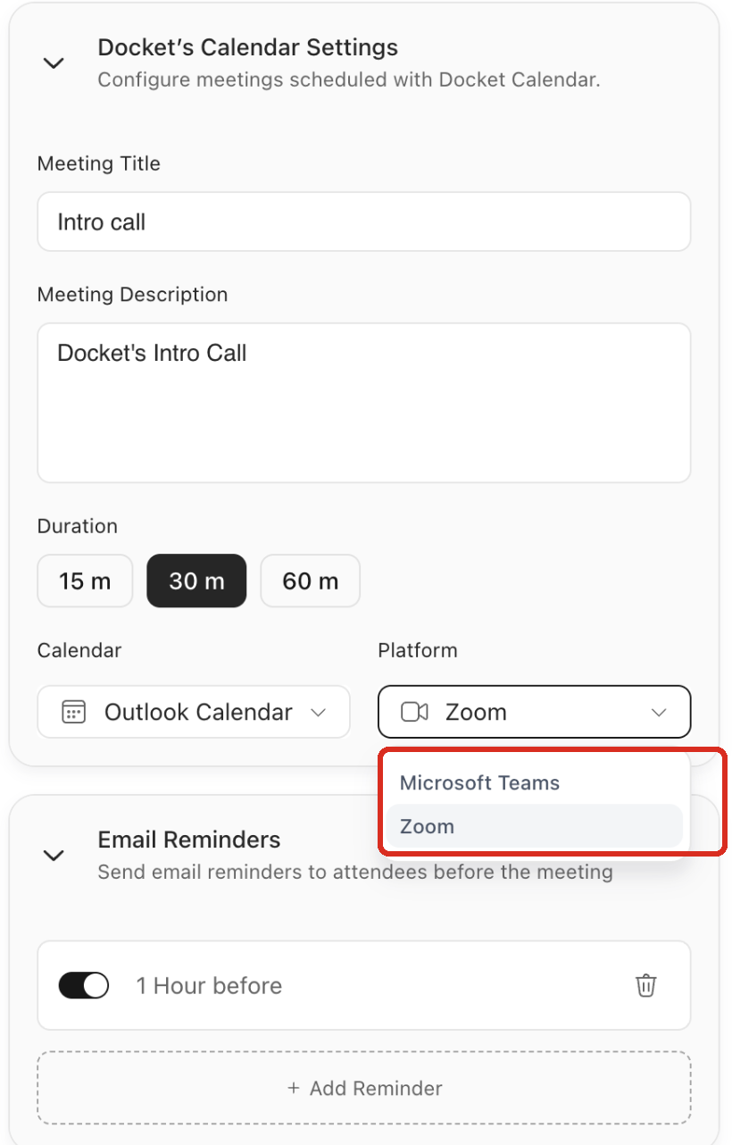 The Platform dropdown open on an Outlook calendar, offering Microsoft Teams and Zoom.