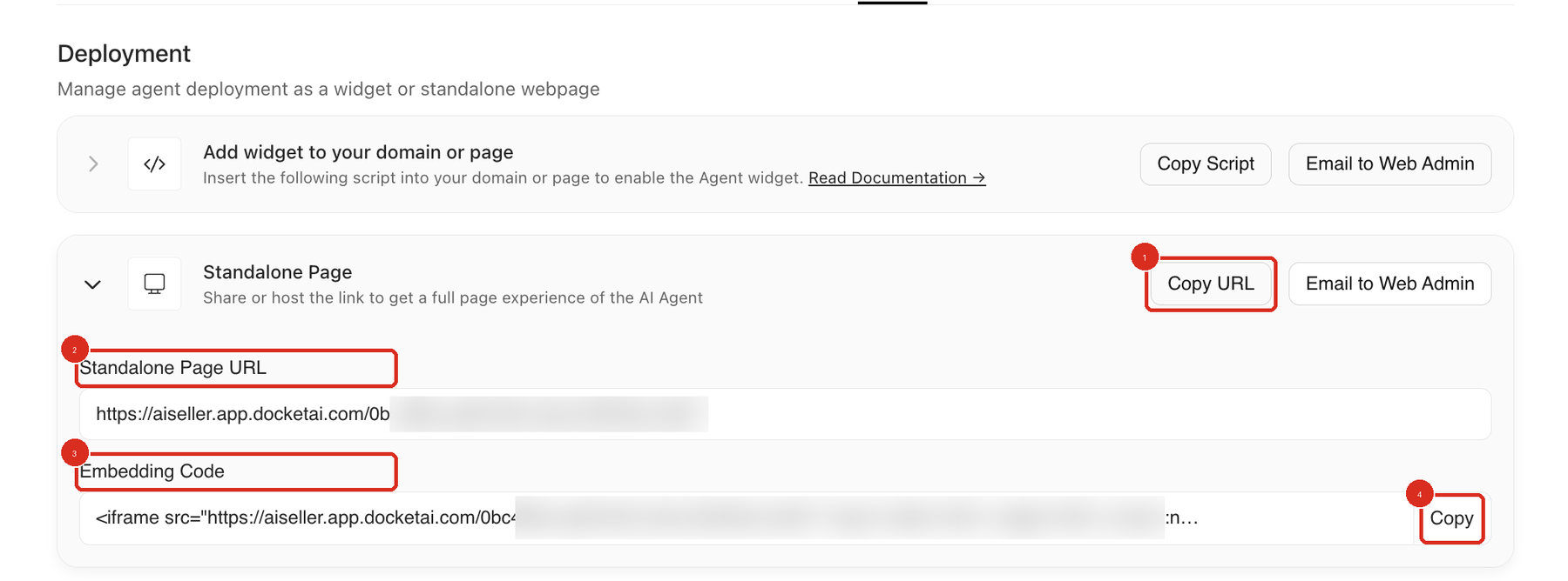Expanded Standalone Page section on the Deploy tab. Callout 1 marks Copy URL on the section header row, callout 2 marks the Standalone Page URL field, callout 3 marks the Embedding Code field, and callout 4 marks the Copy button beside Embedding Code.