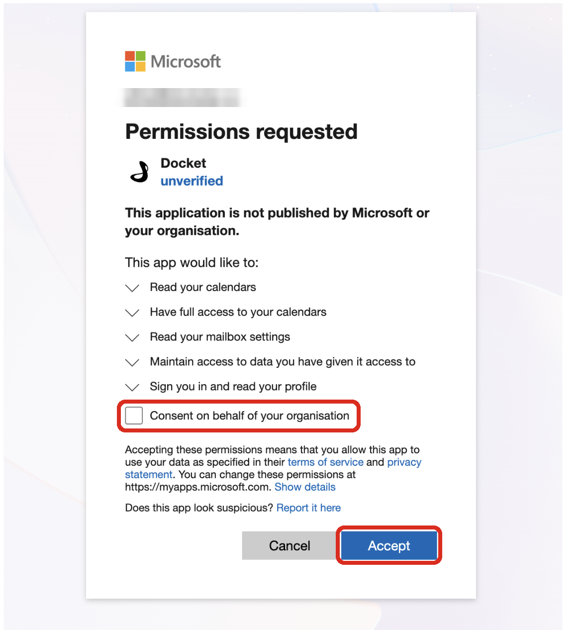 Microsoft's Permissions requested screen for Docket, with the Consent on behalf of your organisation checkbox and the Accept button outlined.