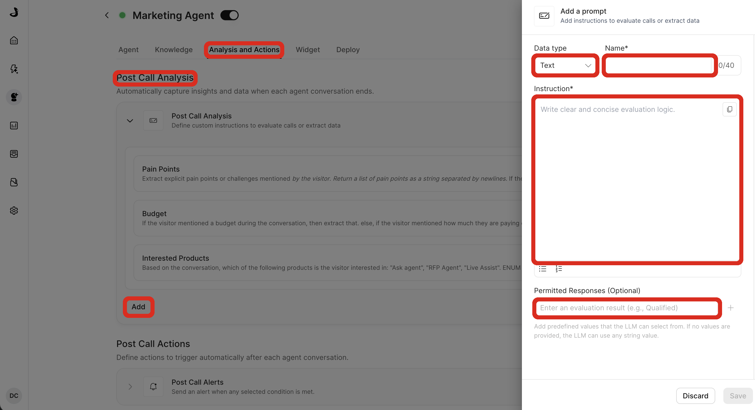 Post-call analysis field with permitted responses defined