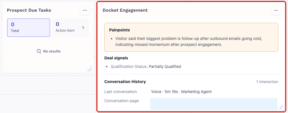 Docket Engagement tile on an Outreach prospect page showing pain points, deal signals and conversation history, next to the Prospect Due Tasks tile.