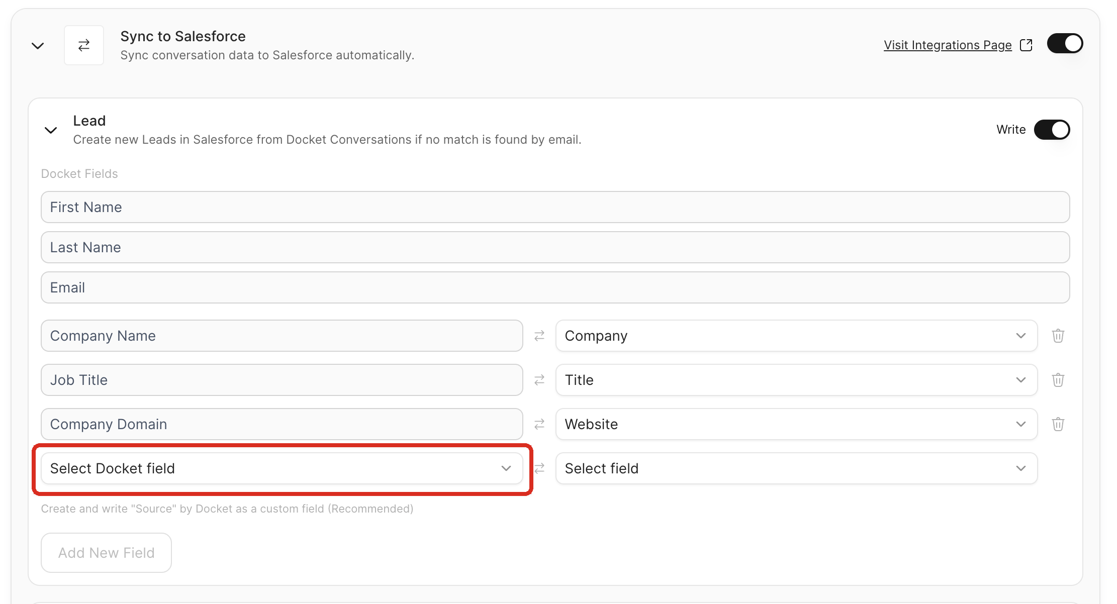 Expanded Sync to Salesforce configuration showing object and field mapping