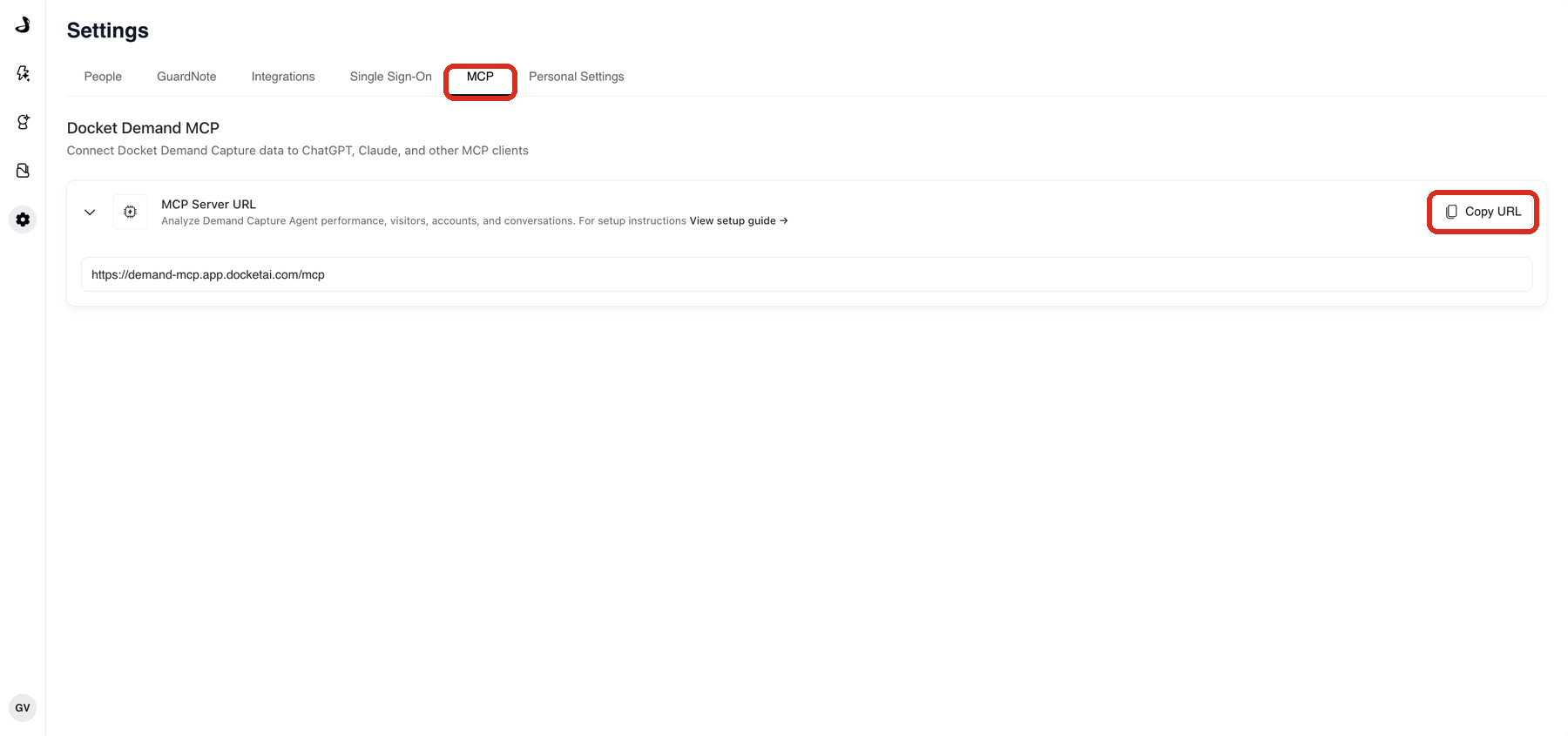 The MCP tab in Docket Settings, with the Copy URL button for the Docket Demand MCP server highlighted