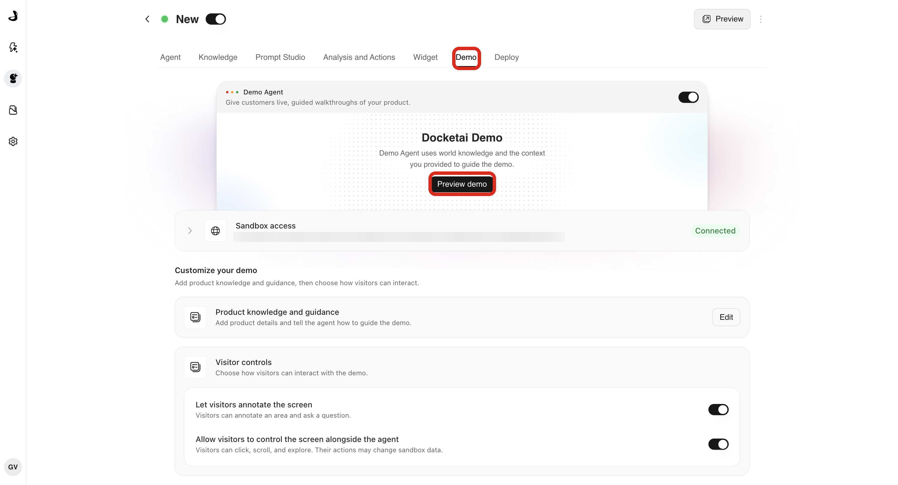 The Demo tab highlighting the Preview demo button