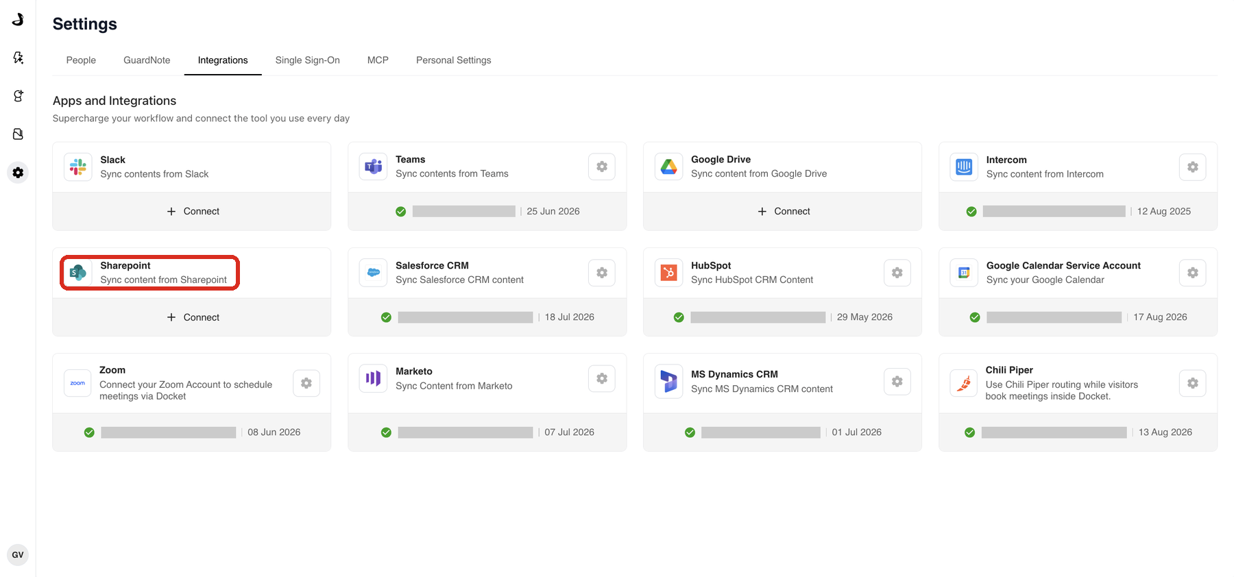 The Sharepoint card on the Apps and Integrations page in Docket Settings