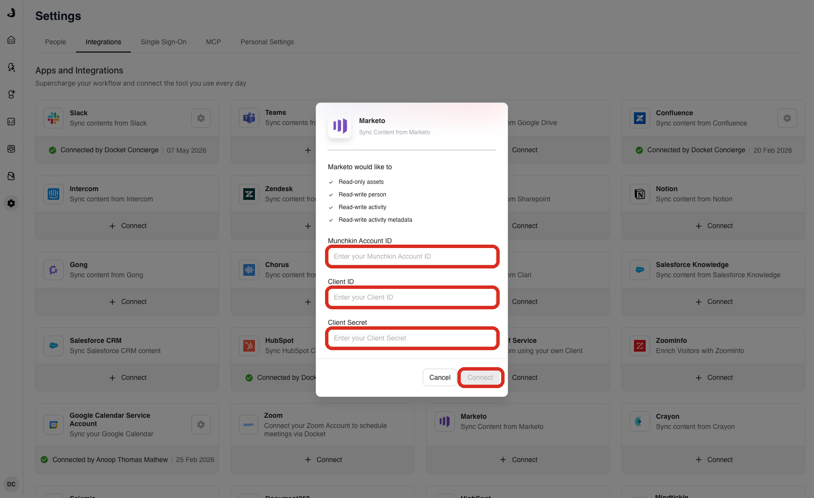 The Docket Marketo connection form with fields for Munchkin Account ID, Client ID and Client Secret