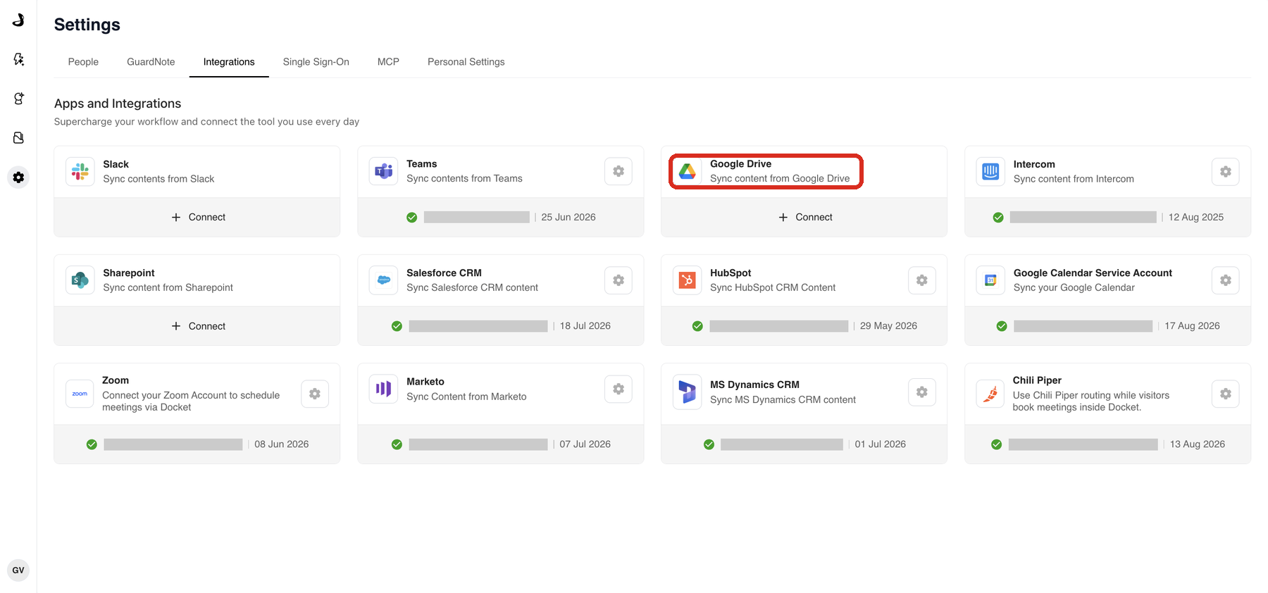 The Google Drive card on the Apps and Integrations page in Docket Settings