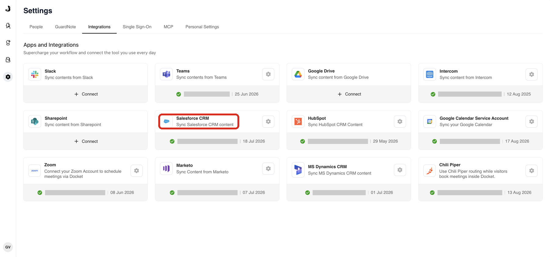 The Apps and Integrations page in Docket Settings with the Salesforce CRM card highlighted