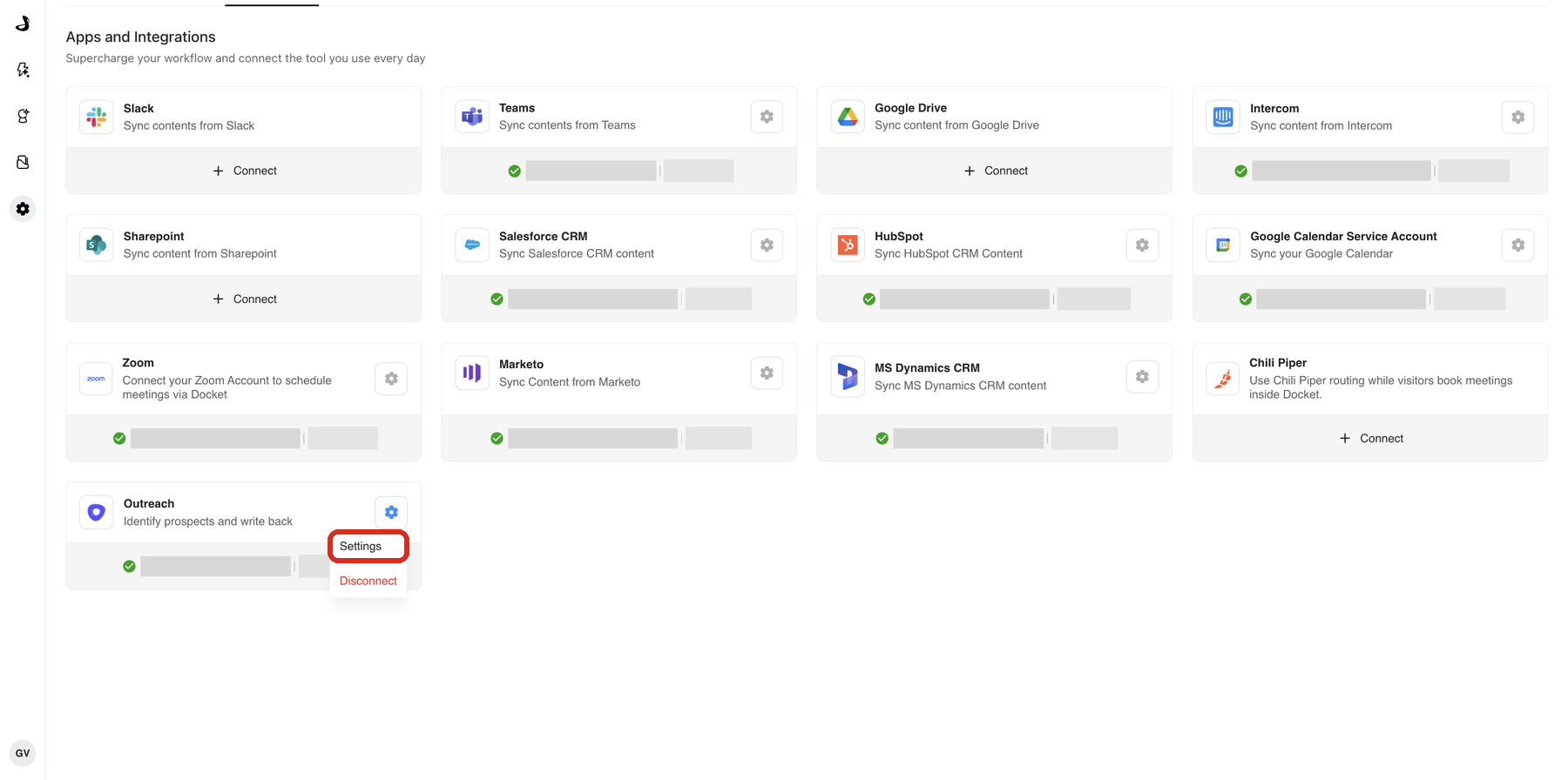 Docket Settings, Integrations tab, with the settings menu of the Outreach card open and Settings highlighted.