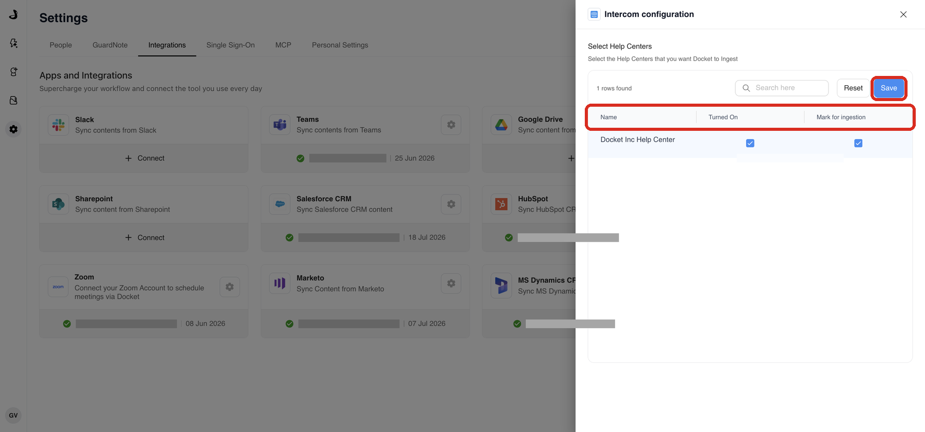 The Intercom configuration panel in Docket with the Mark for ingestion control and Save button highlighted