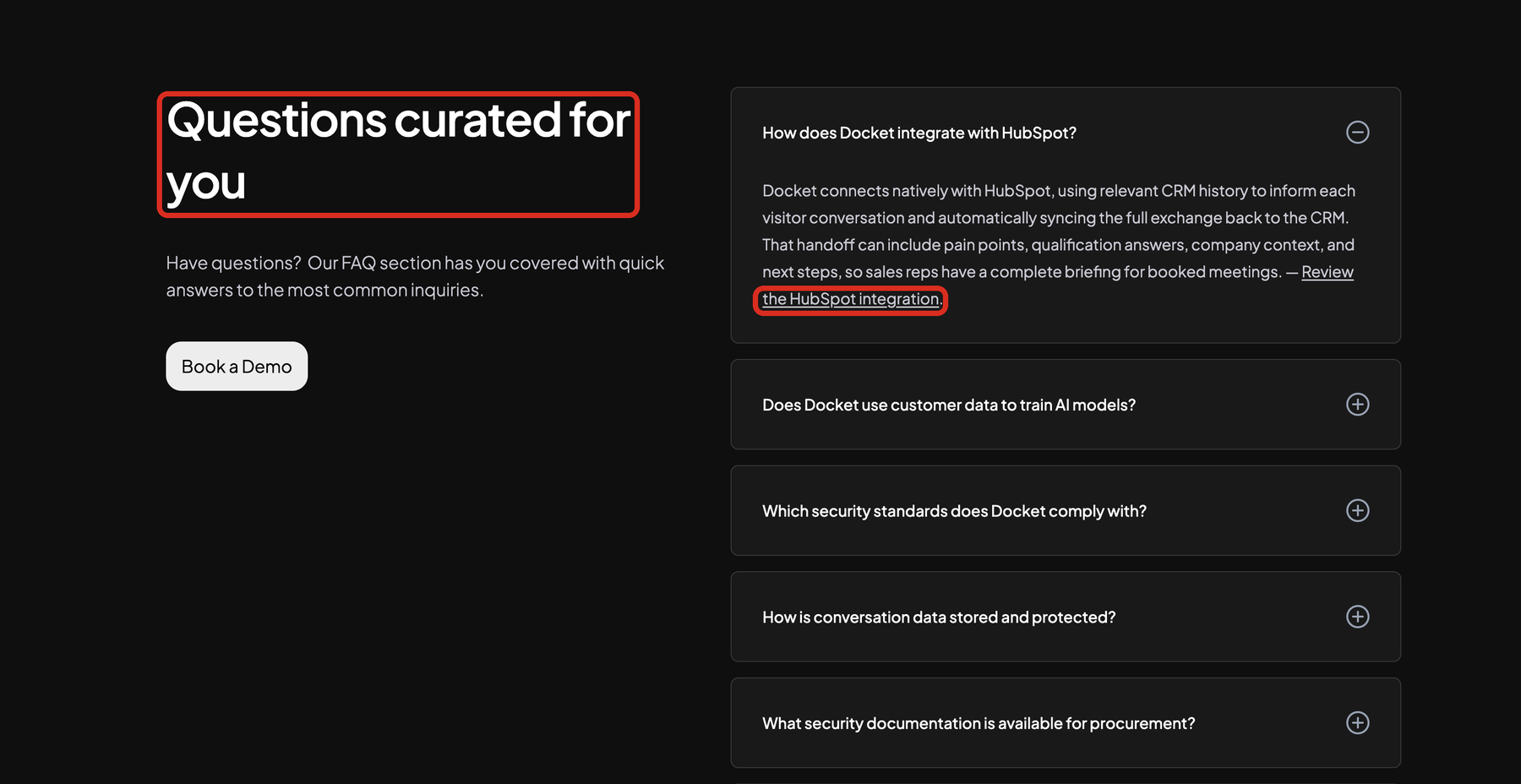 The finished FAQ section. The outlined heading reads Questions curated for you, and the expanded answer ends with an outlined contextual link reading Review the HubSpot integration.