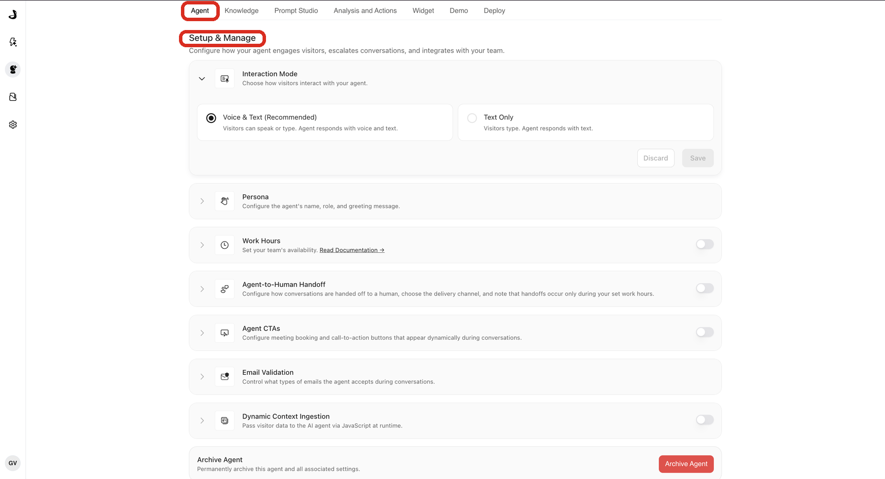 The Setup and Manage sections on the Docket Agent tab, with the Agent tab and the Setup and Manage heading outlined