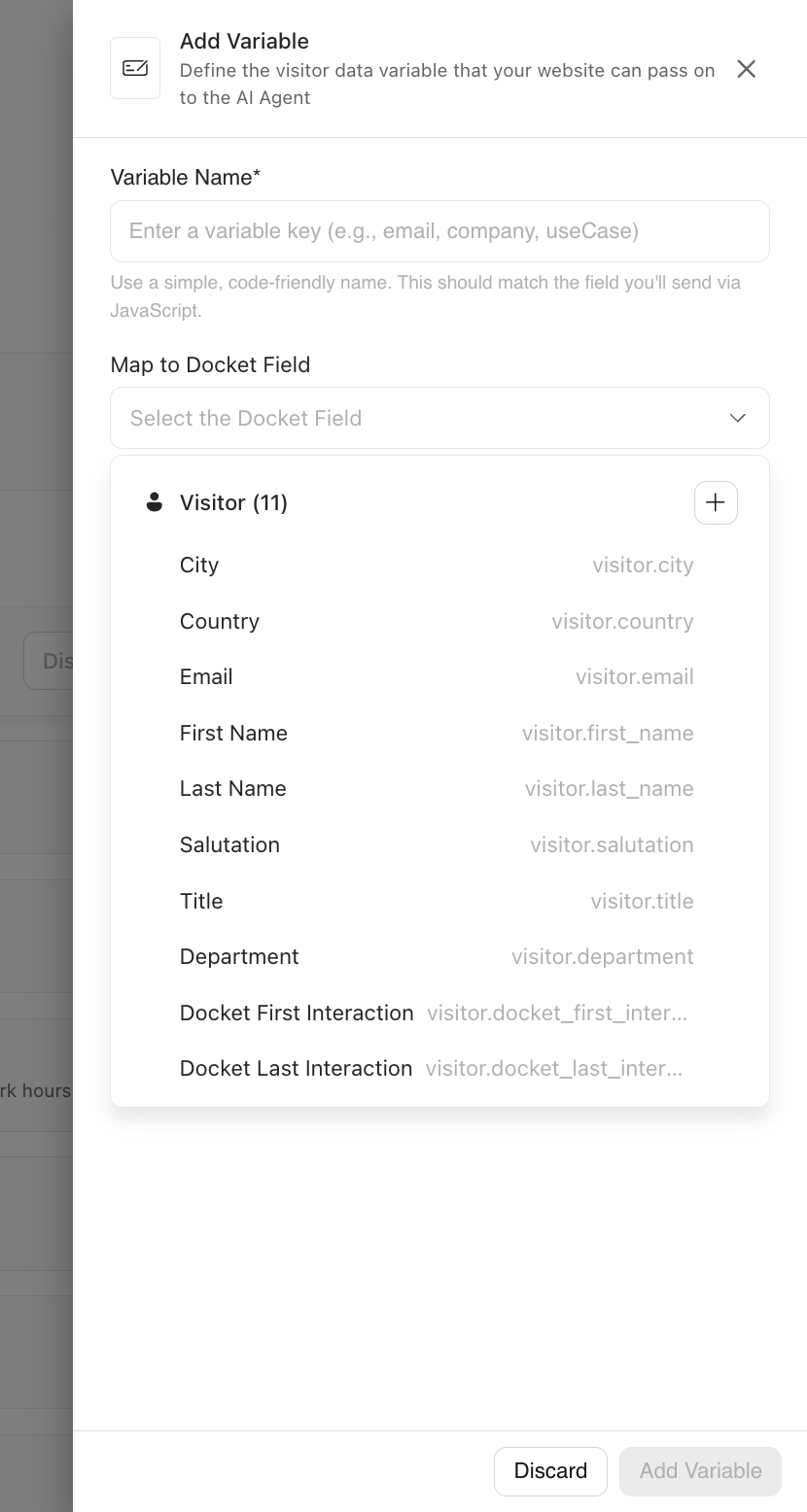 The Map to Docket Field list open in Docket, showing the Visitor group with each field name beside its key, such as First Name and visitor.first_name.