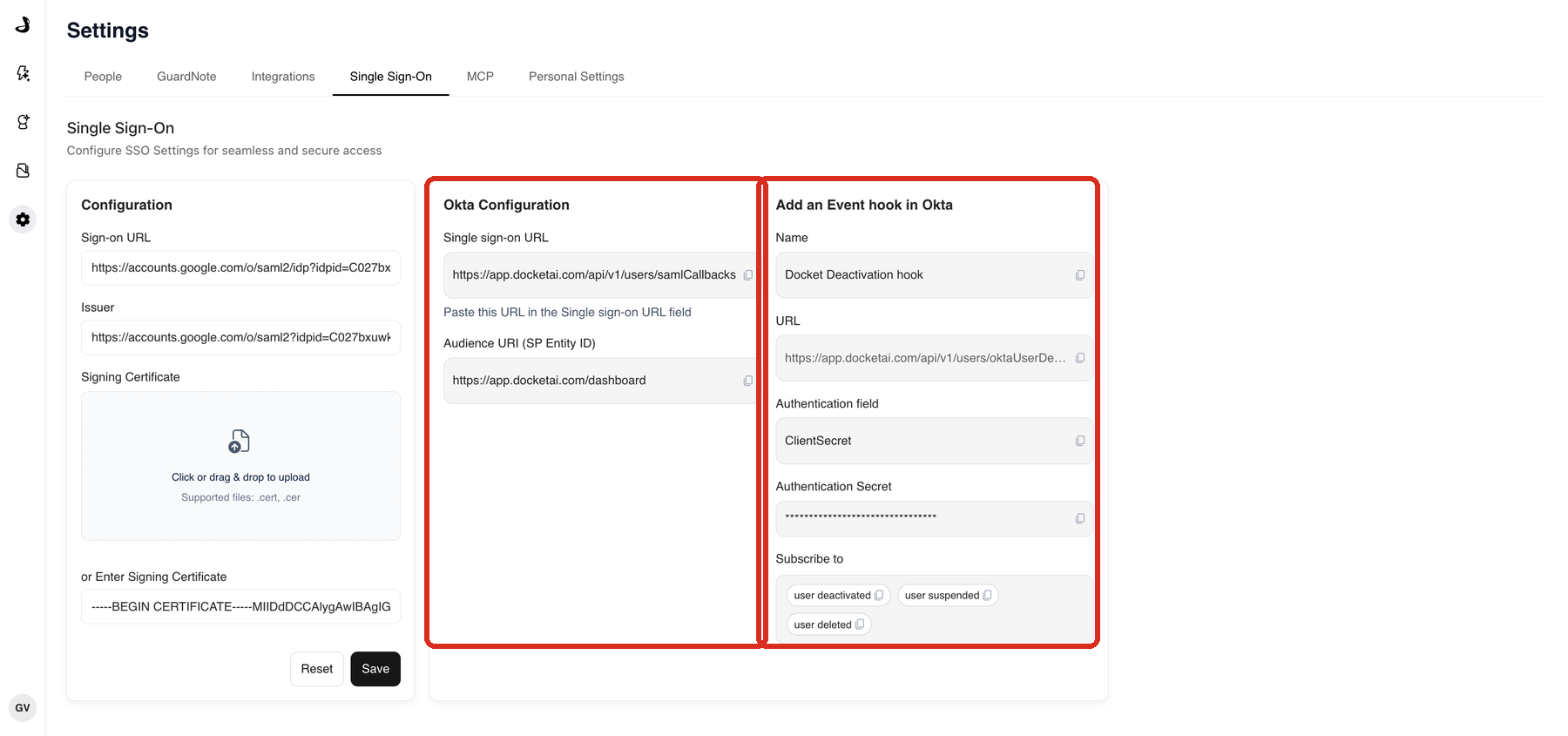 The Docket-side single sign-on URL and Audience URI shown on the Single Sign-On tab