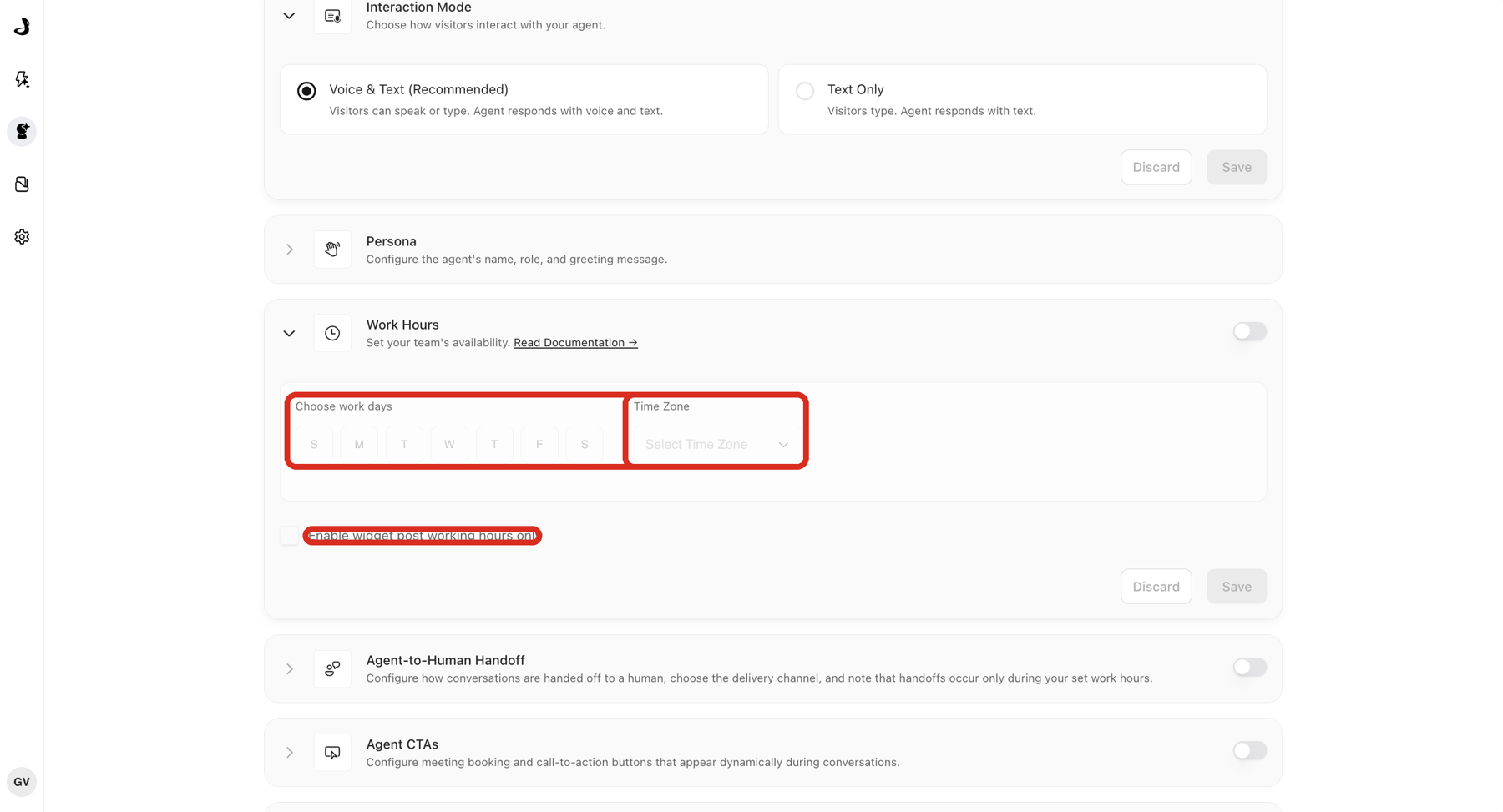 Work Hours section open on the Docket Agent tab, showing Choose work days, Time Zone, and the Enable widget post working hours only checkbox, all greyed out because the section switch is still off