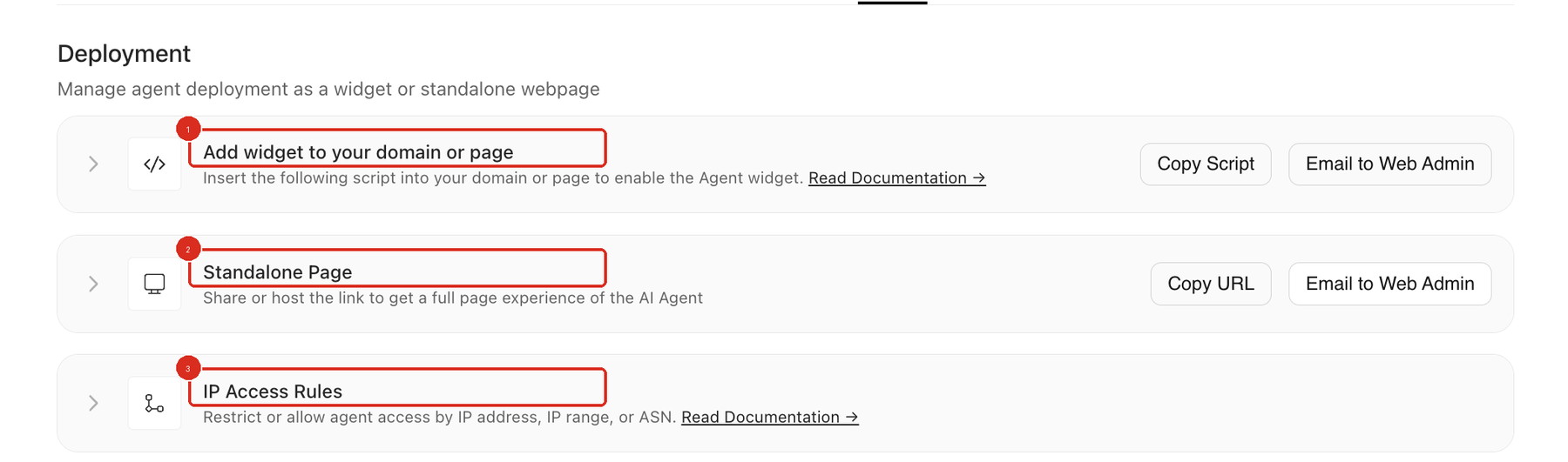 Docket Deploy tab under the Deployment heading, with callout 1 on Add widget to your domain or page, callout 2 on Standalone Page, and callout 3 on IP Access Rules.