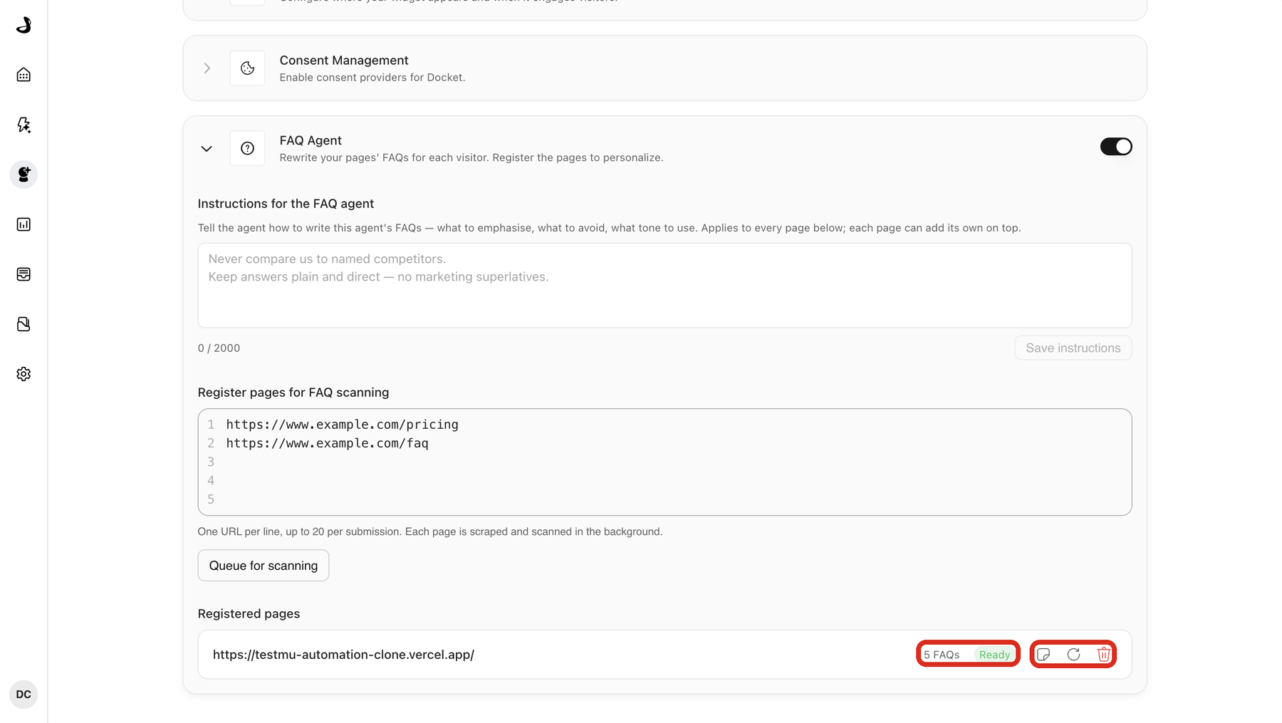 A registered page row showing 5 FAQs and a green Ready label outlined together, with the row's Instructions, Rescan and Remove icons outlined to their right.