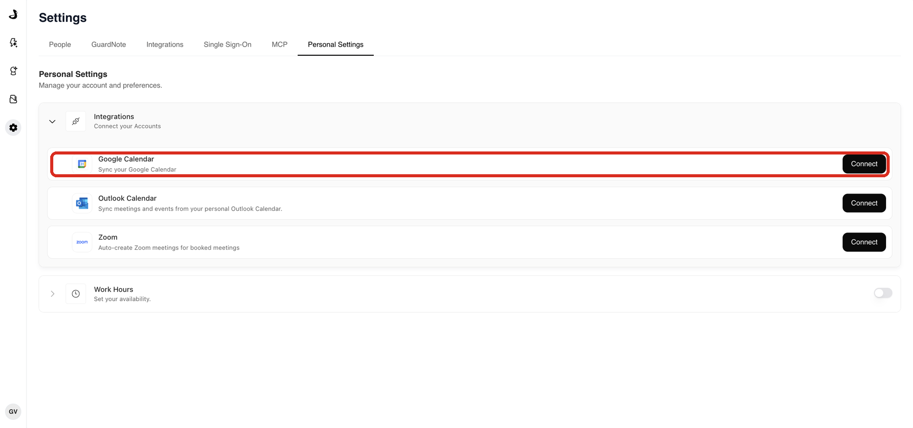Personal Settings in Docket with the Google Calendar card highlighted under Connect your Accounts
