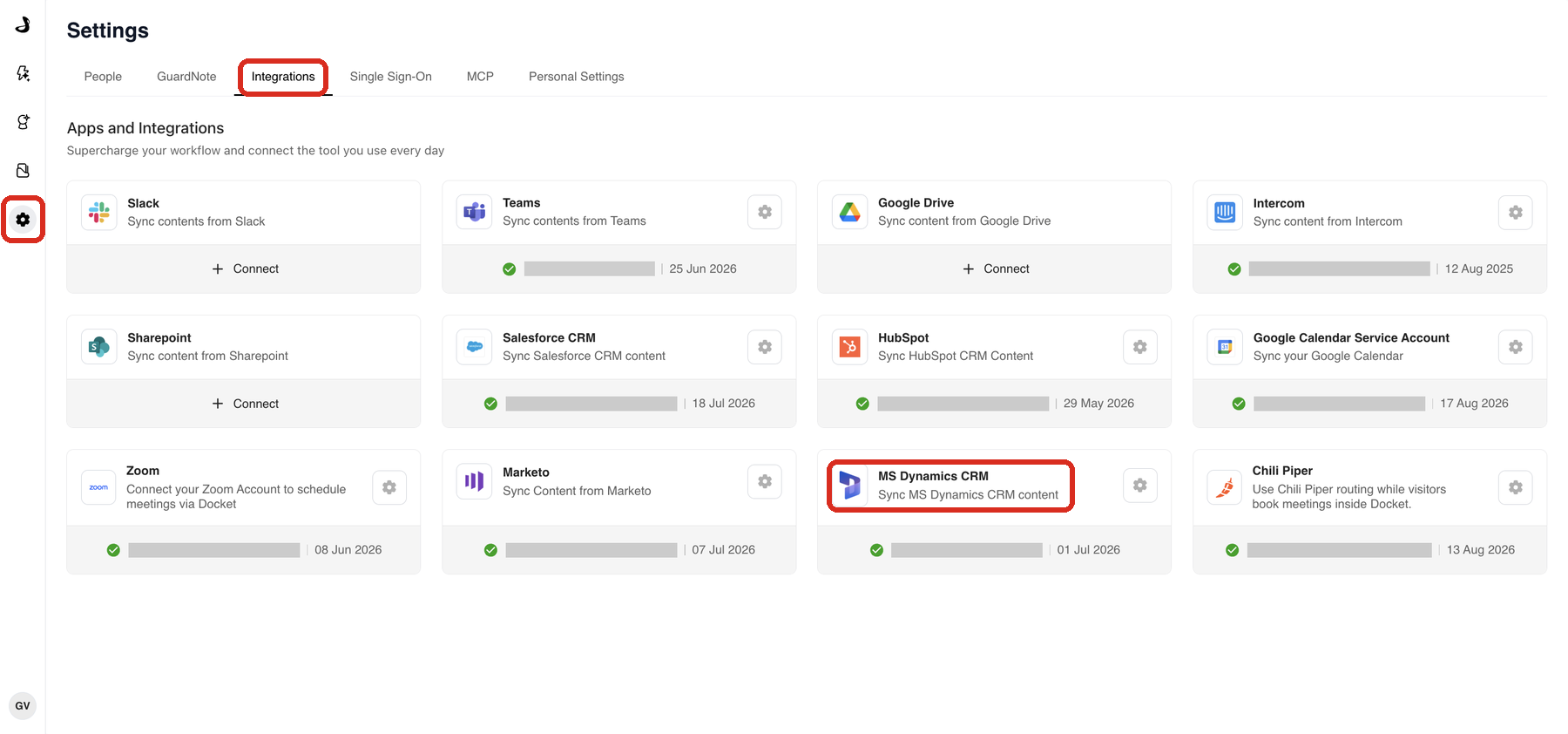 The Apps and Integrations page in Docket Settings, with the Settings icon, the Integrations tab and the MS Dynamics CRM card highlighted
