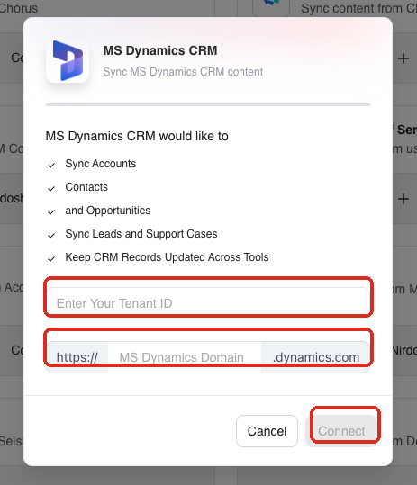 The MS Dynamics CRM connection dialog with the Tenant ID field, Dynamics domain field and Connect highlighted