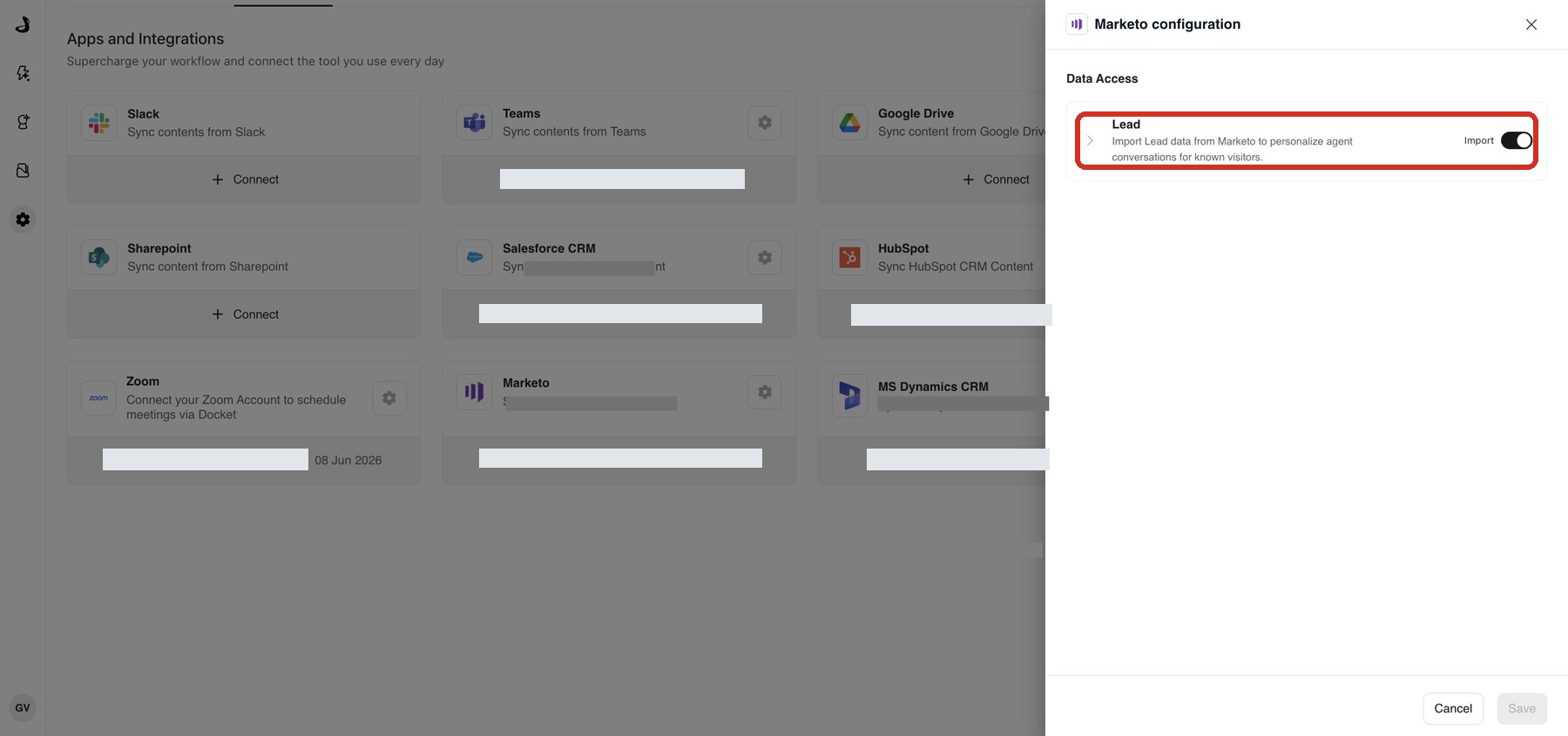 Marketo configuration panel in Docket with the Lead Import toggle highlighted under Data Access