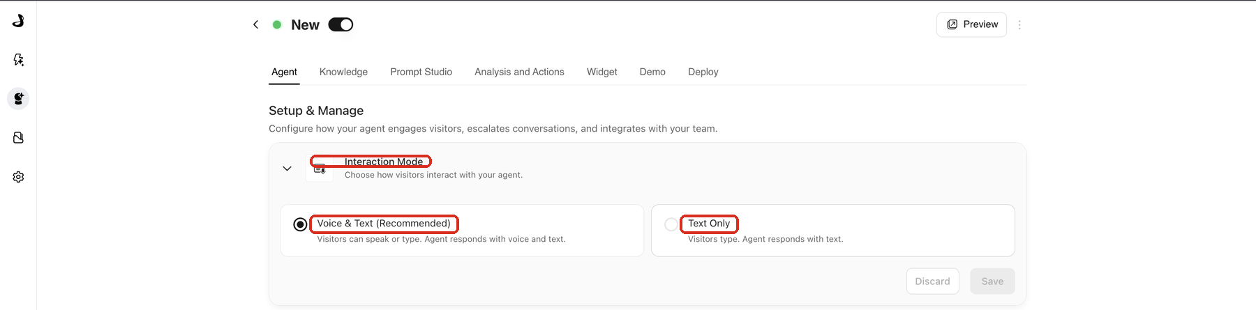 Interaction Mode on the Docket Agent tab, with the Interaction Mode heading and the Voice and Text and Text Only options outlined