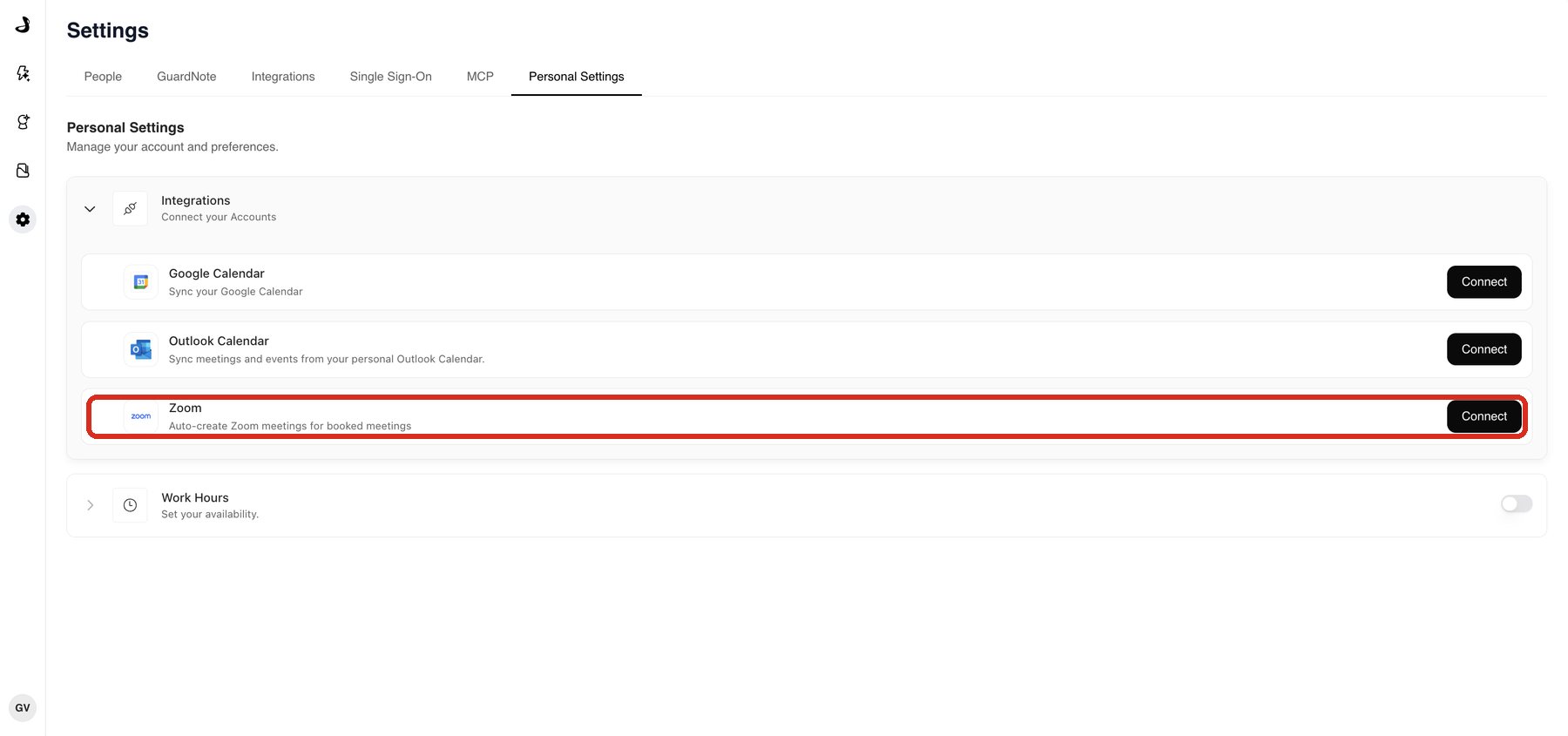 Personal Settings in Docket with the Zoom card highlighted under Connect your Accounts