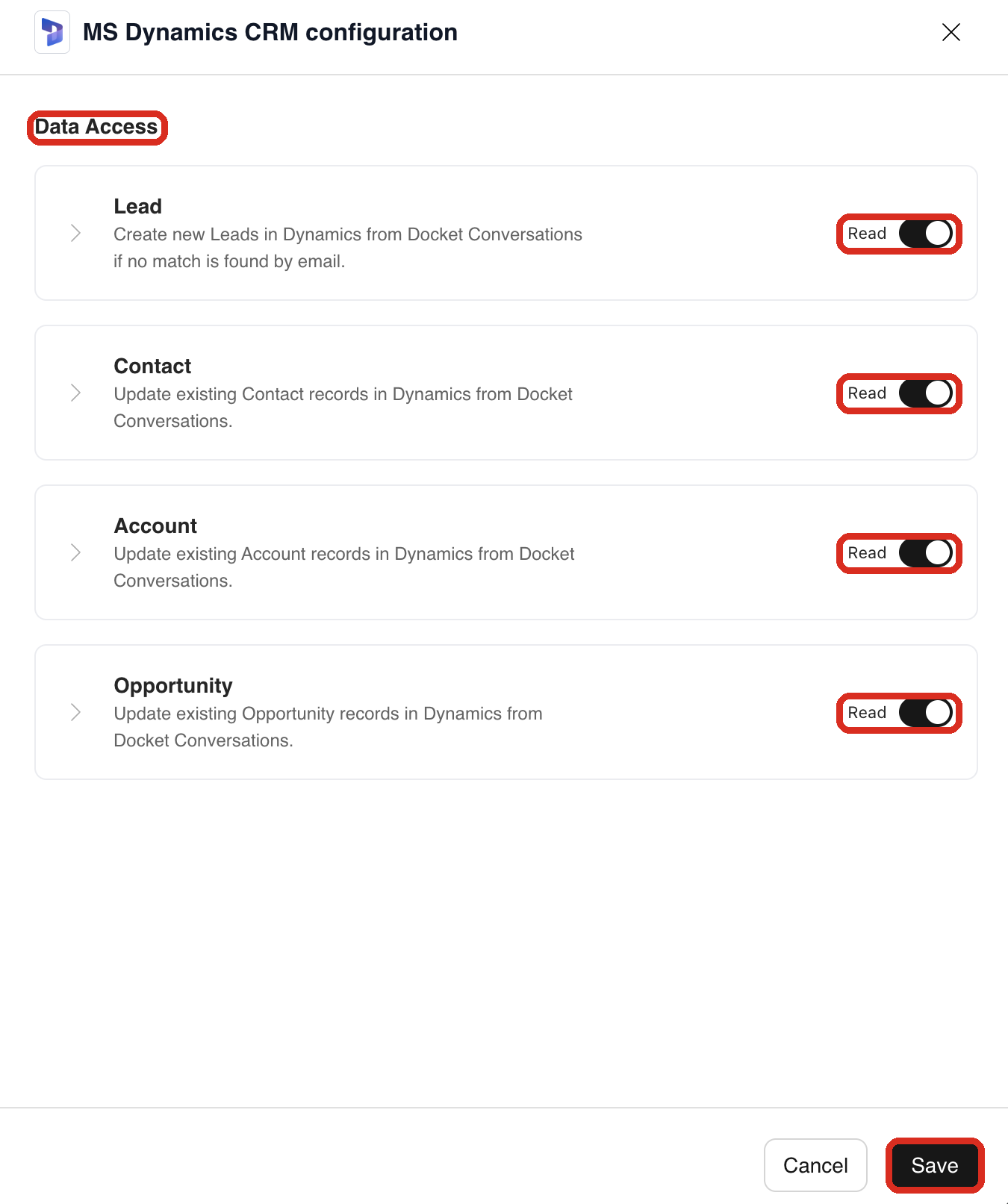 Data Access settings for the Dynamics integration showing Read toggles for Lead, Contact, Account and Opportunity