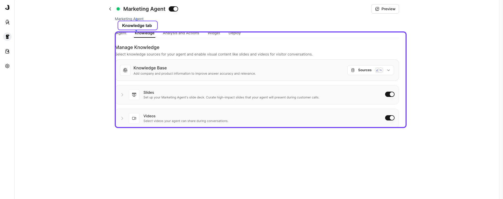 Annotated Knowledge tab with Knowledge Base, Sources, Slides, and Videos highlighted
