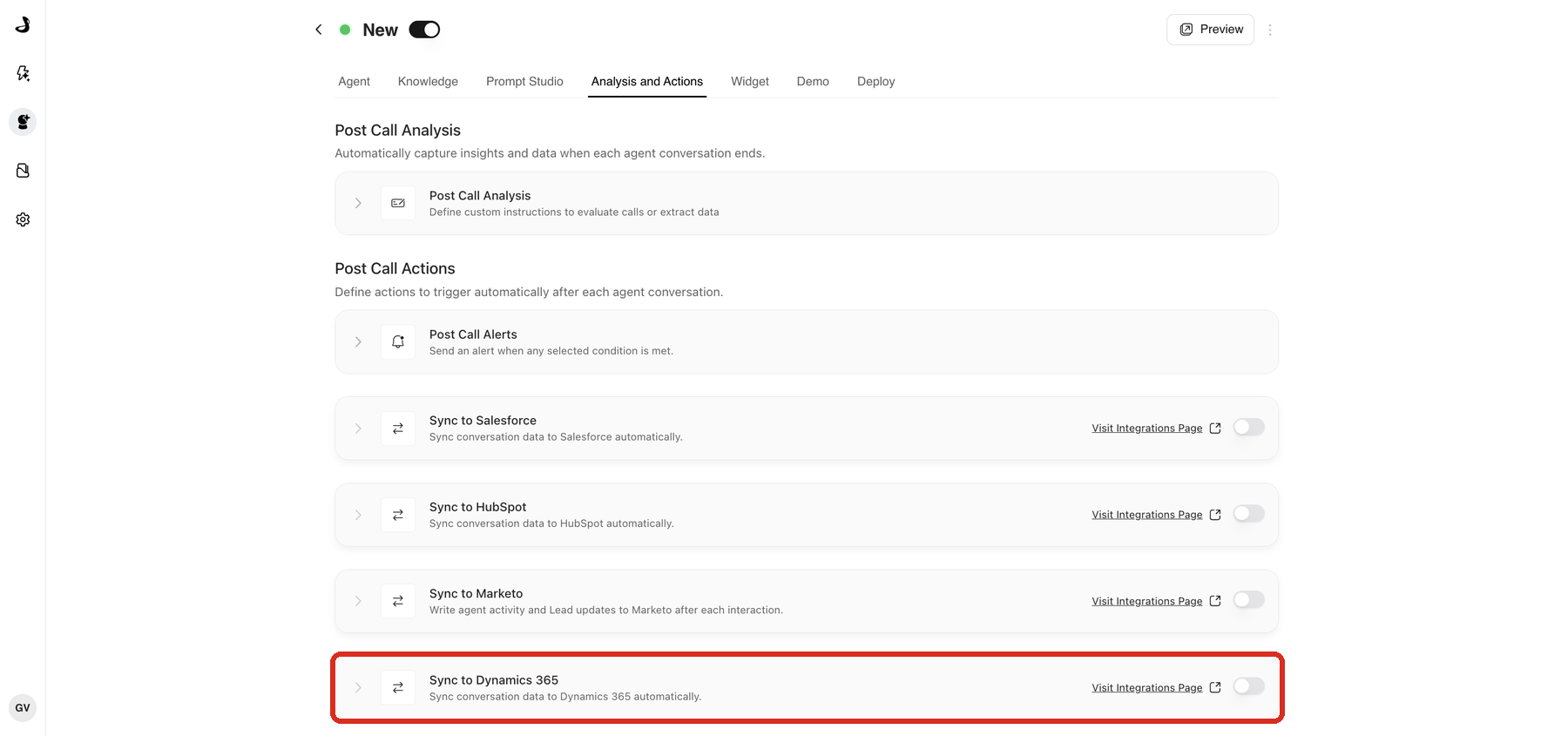 The Analysis and Actions tab of a Marketing Agent with Sync to Dynamics 365 highlighted under Post Call Actions