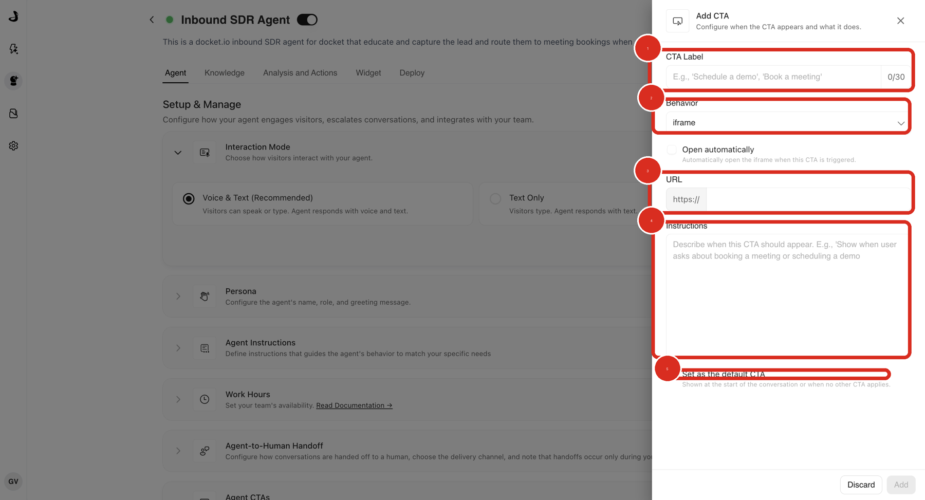 The Add CTA panel in Docket with CTA Label, Behavior, URL, Instructions and Set as the default CTA outlined