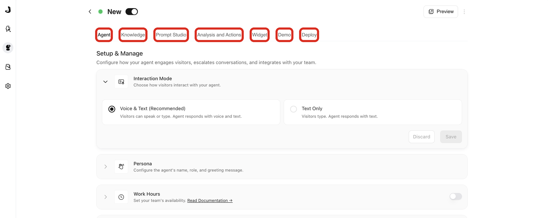 A Docket agent page with the Agent, Knowledge, Prompt Studio, Analysis and Actions, Widget, Demo, and Deploy tabs outlined.