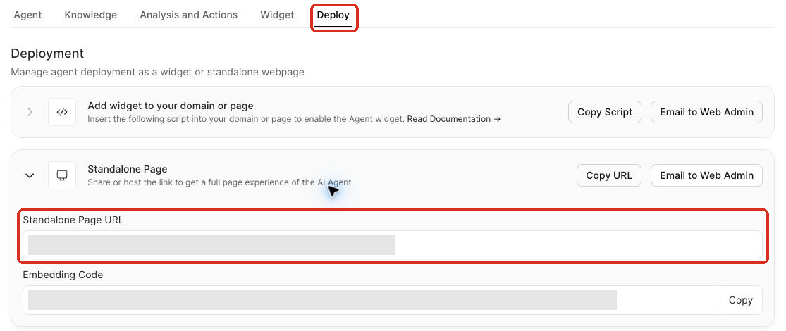 Deploy tab of a Marketing Agent in Docket with Standalone Page expanded and the Standalone Page URL field highlighted. The URL is redacted.