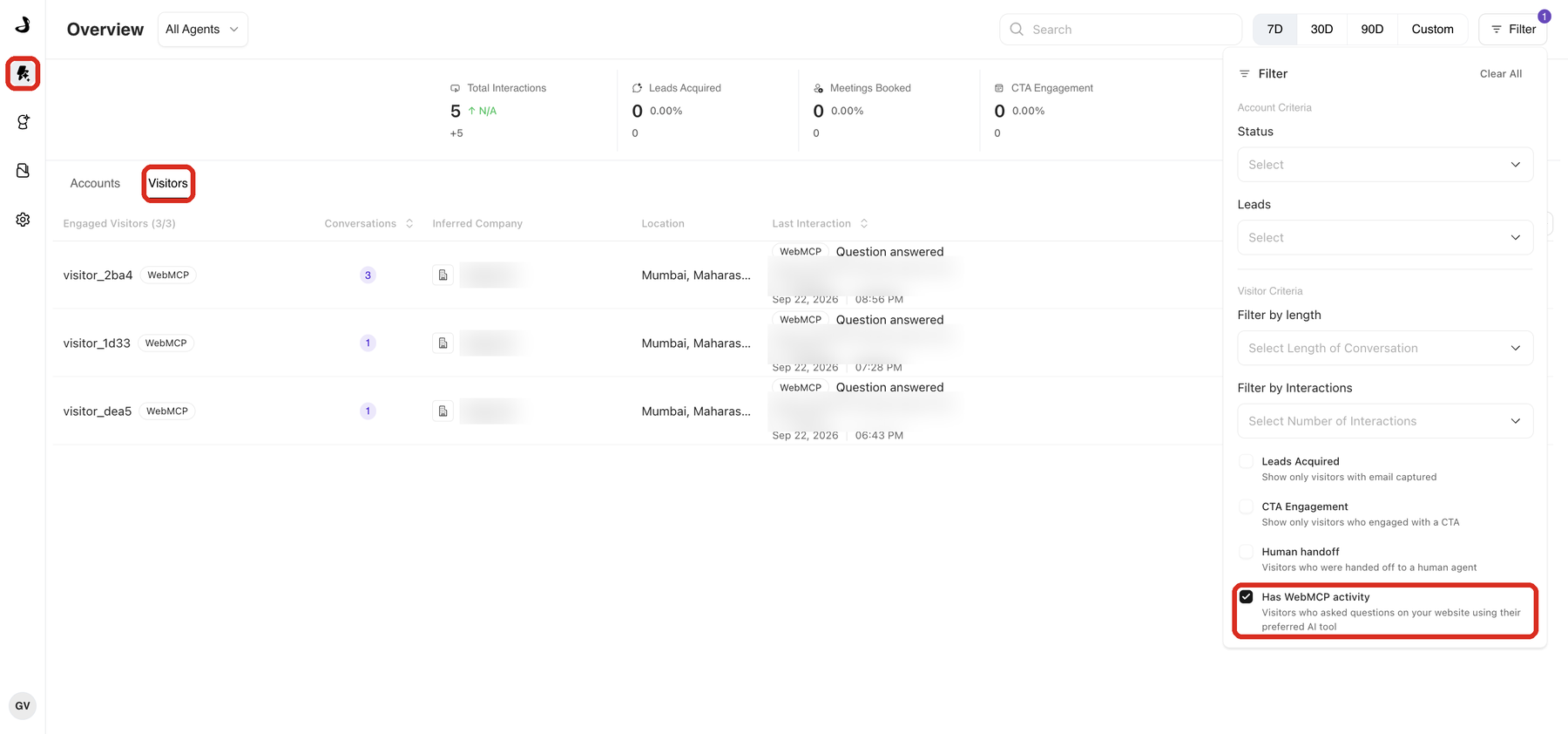 Marketing Agent Dashboard with the Marketing Agent Dashboard icon, the Visitors tab, and Has WebMCP activity ticked in the Filter panel highlighted