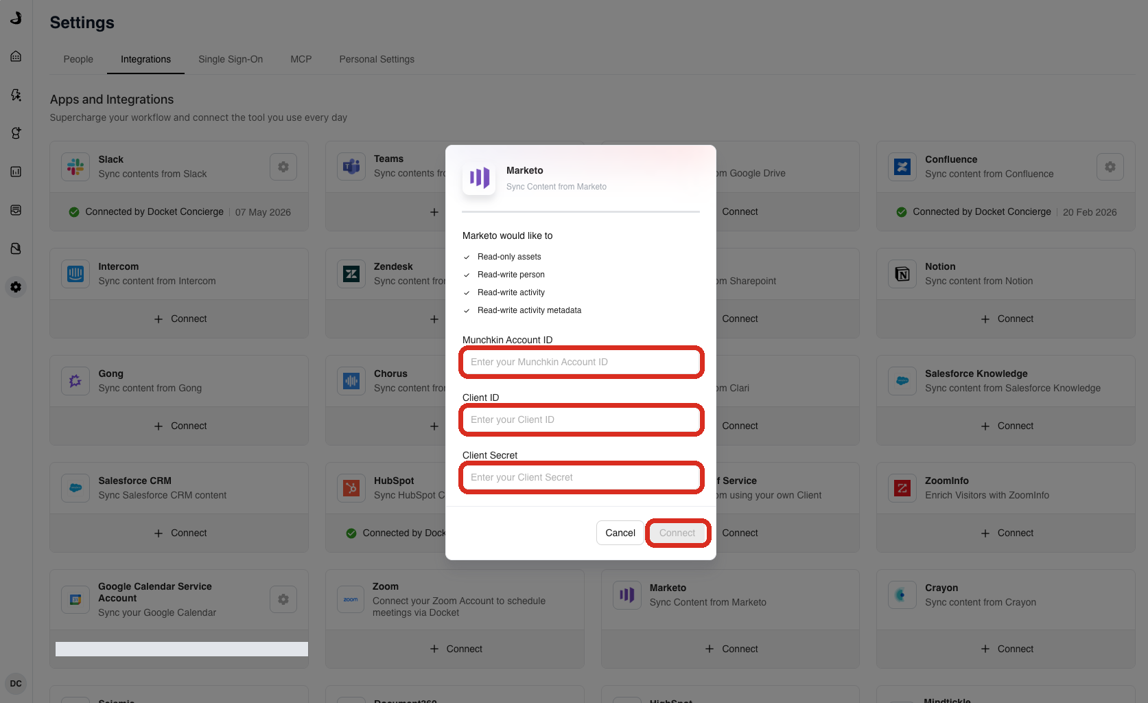 The Docket Marketo connection form with fields for Munchkin Account ID, Client ID and Client Secret