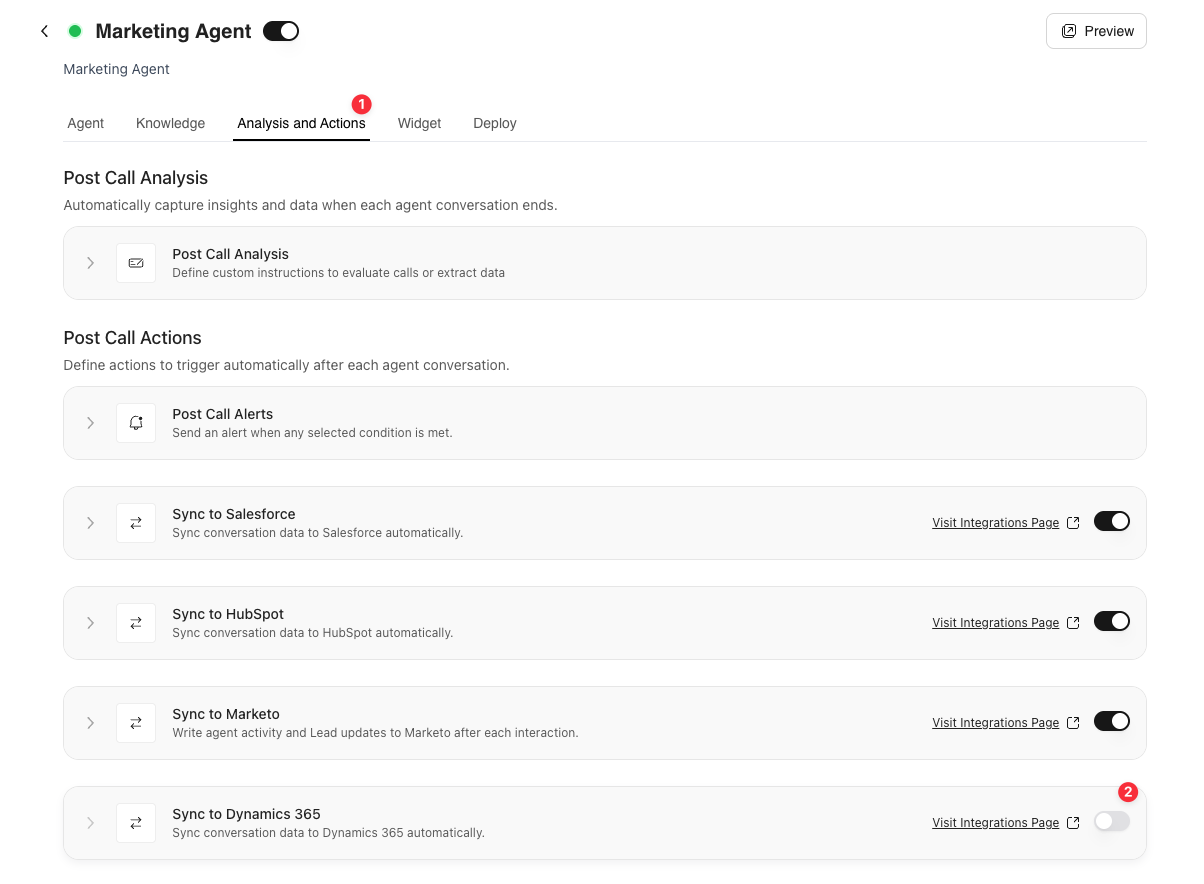 Marketing Agent Analysis and Actions tab showing the Sync to Dynamics 365 switch