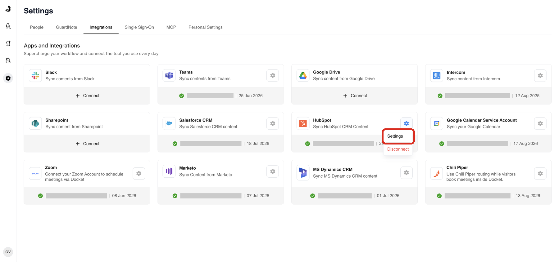 The gear menu on the connected HubSpot card in Docket, with Settings highlighted