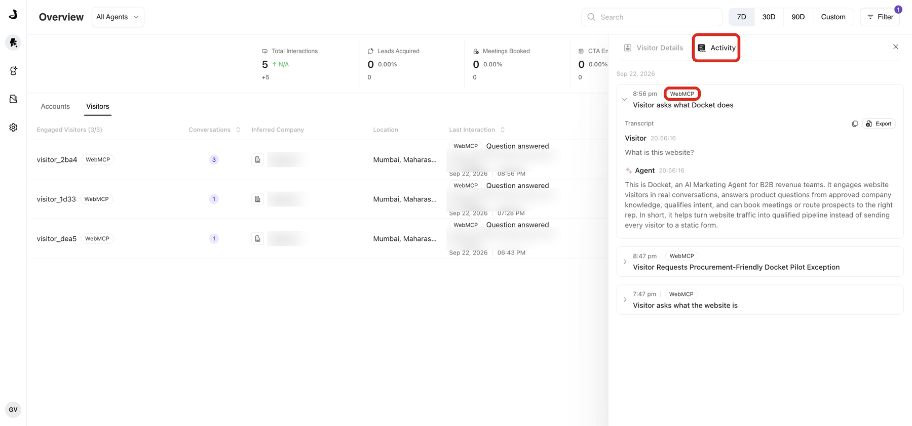 Visitor panel with the Activity tab selected, showing conversation cards tagged WebMCP and an expanded transcript of a visitor question and the agent's answer