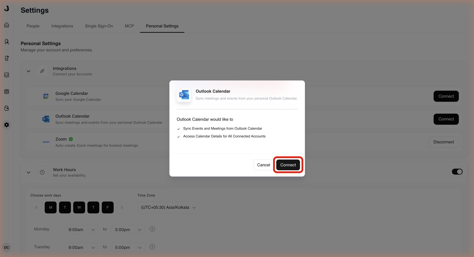 Docket Personal Settings with the Outlook Calendar consent dialog open, listing the calendar access Docket is requesting, with the Connect button outlined.