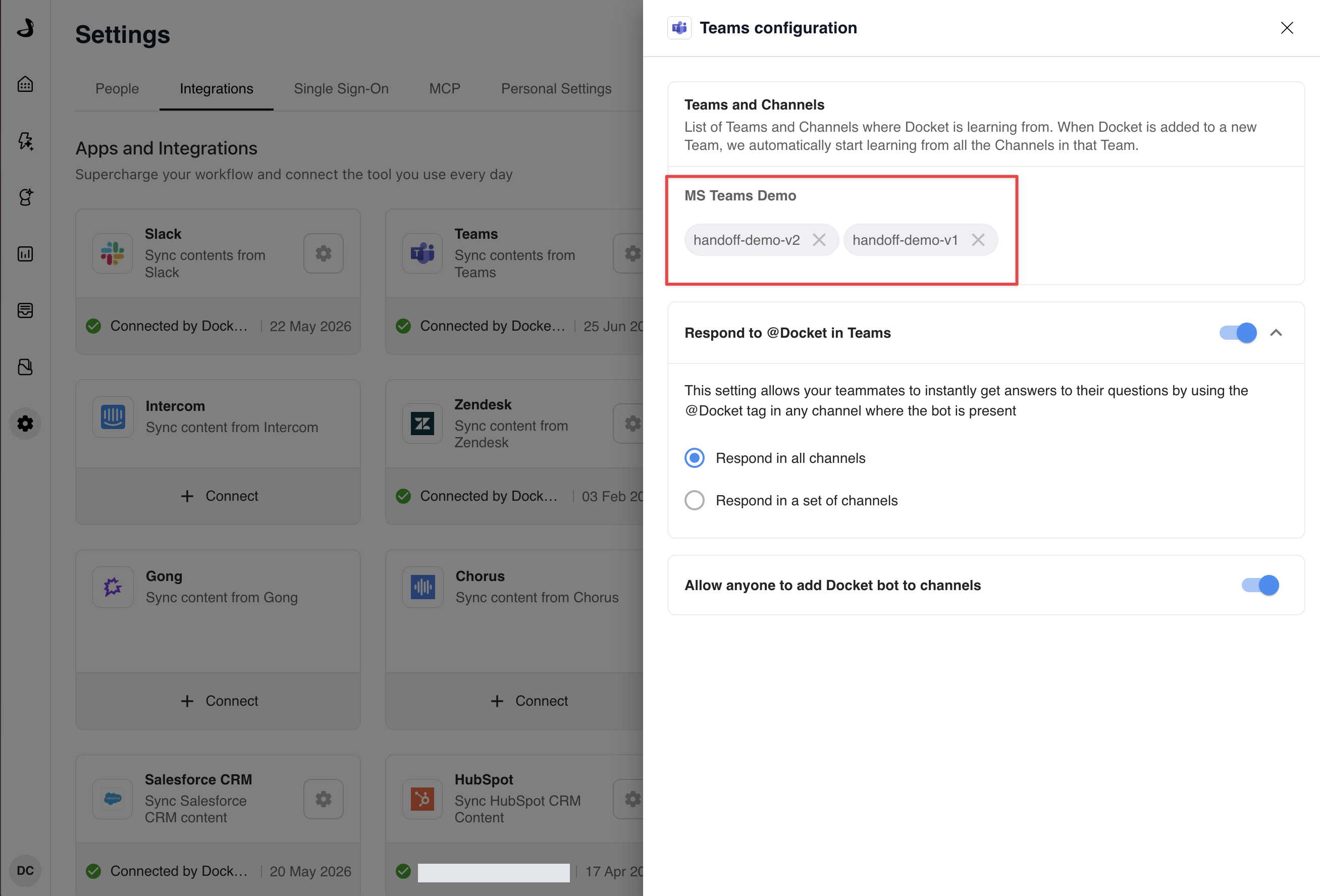 The Docket Integrations page showing Microsoft Teams connected, with the team and channel where the app was added