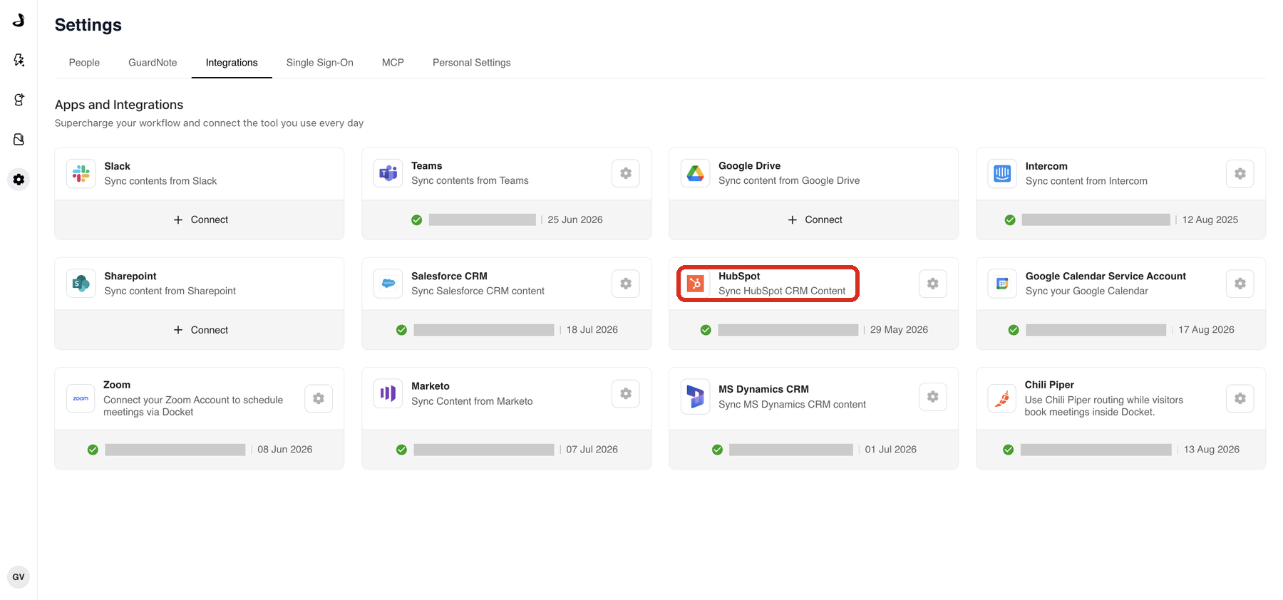 The Apps and Integrations page in Docket Settings with the HubSpot card highlighted