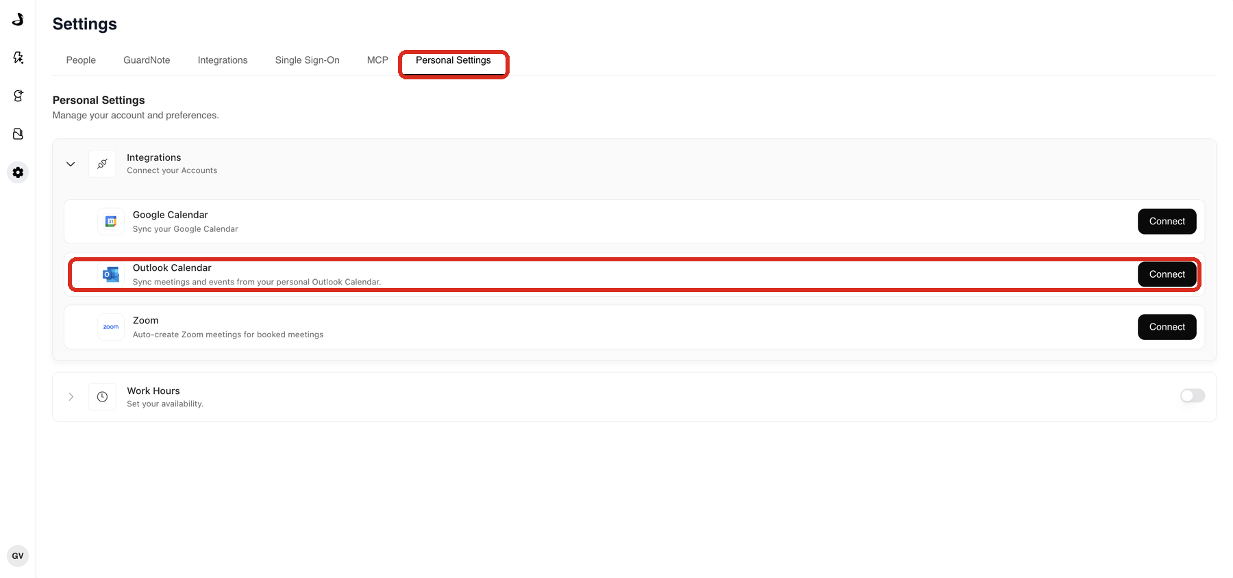 Personal Settings in Docket, with the Outlook Calendar card highlighted under Connect your Accounts