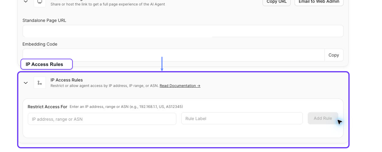 Annotated Deploy tab showing IP Access Rules section