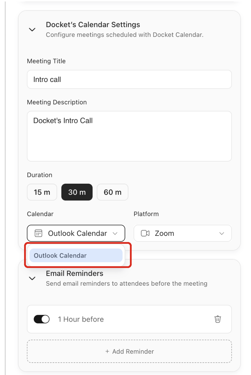The Calendar dropdown open in Docket's Calendar Settings, with Outlook Calendar available to select.