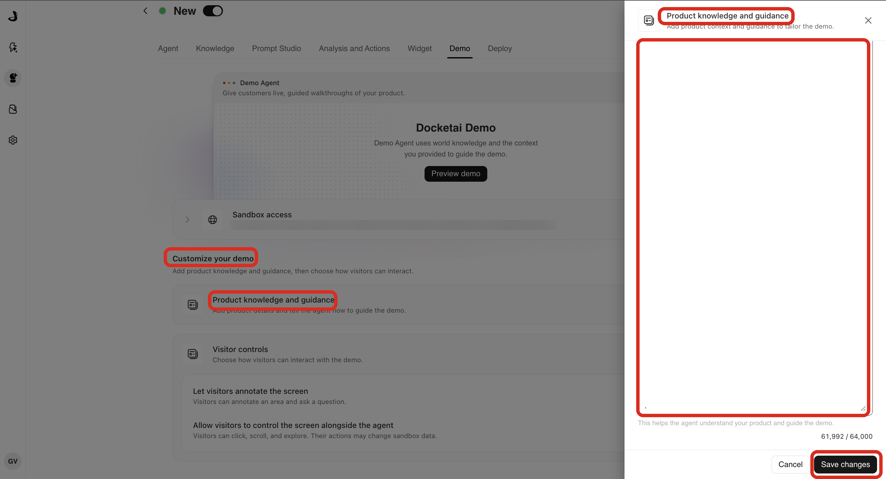 The Product knowledge and guidance drawer, highlighting Customize your demo, the Product knowledge and guidance row, the Knowledge and guidance field, and Save changes