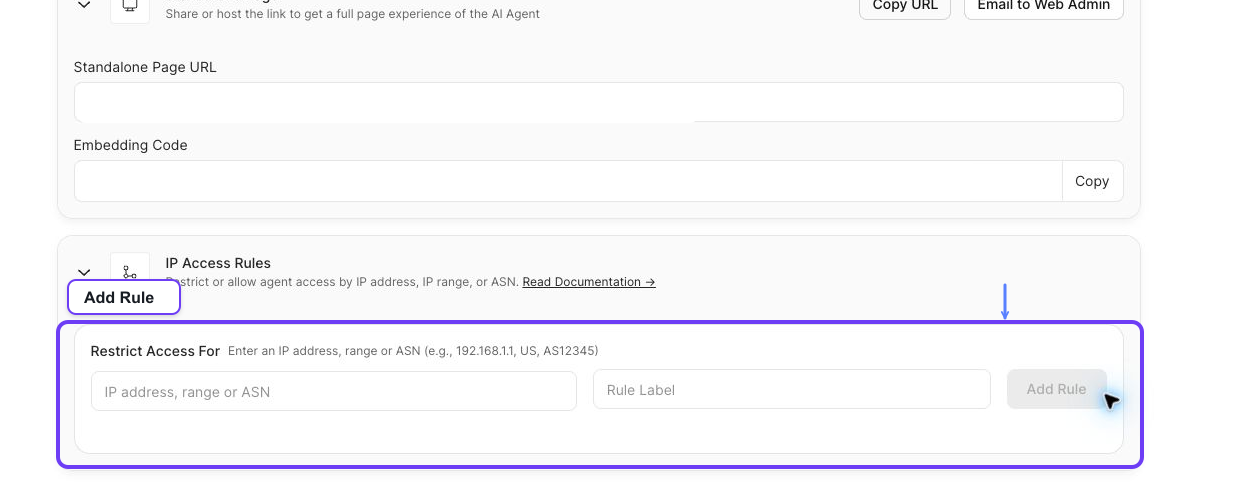 IP Access Rules form with the real network, label, and Add Rule controls