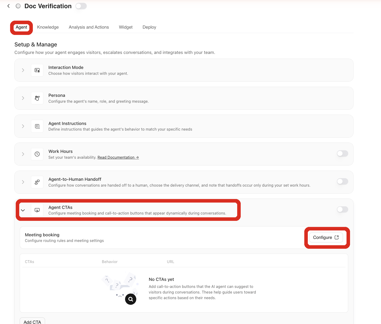 The Agent tab of a Docket Marketing Agent with the Agent tab, the Agent CTAs section, and the Configure button next to Meeting booking outlined.