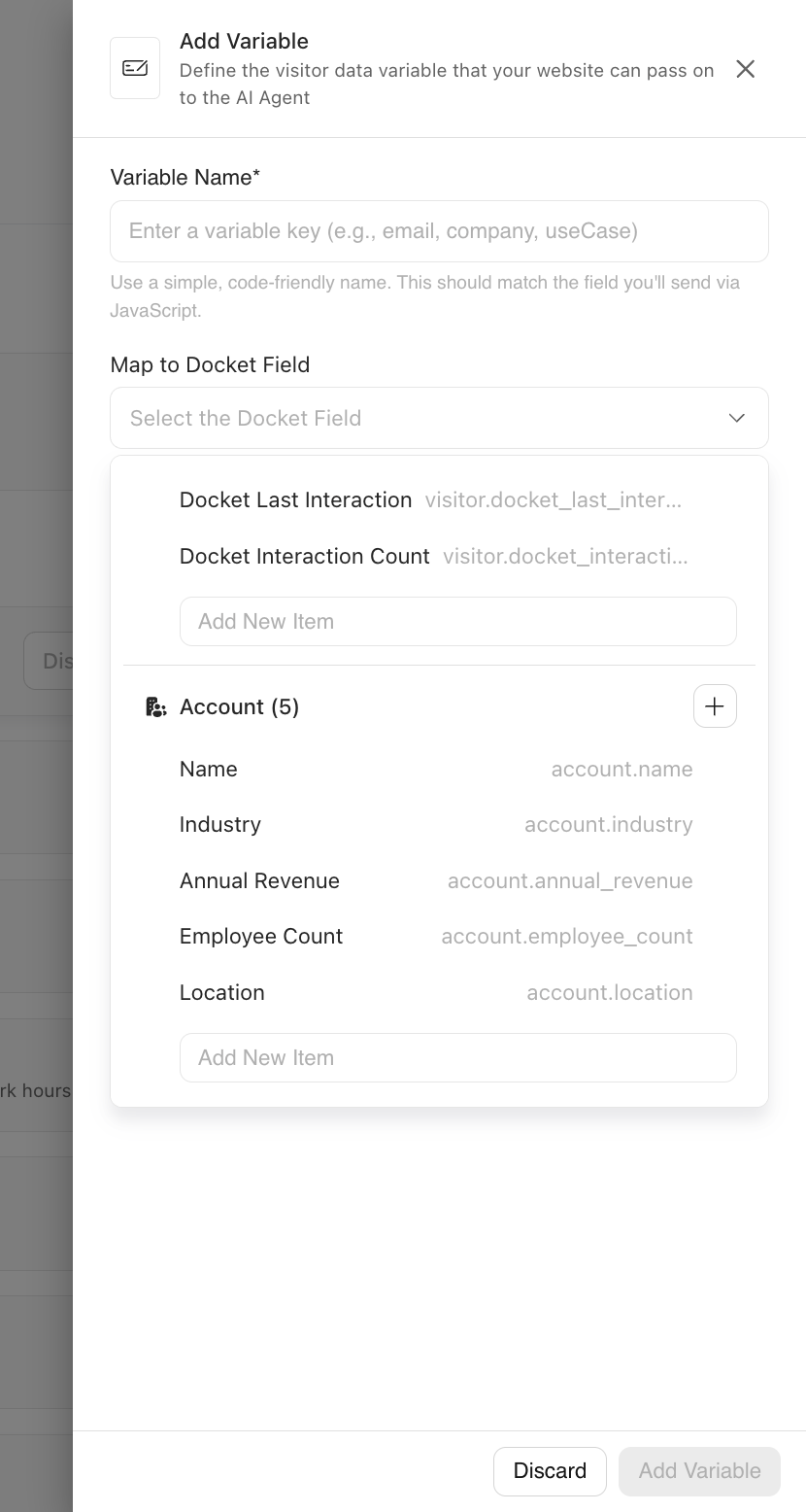 The Account group in the Docket field list showing Name, Industry, Annual Revenue, Employee Count and Location, with an Add New Item box at the foot of the group.