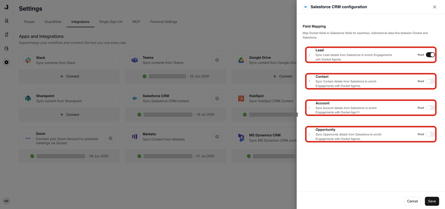 Salesforce CRM configuration panel in Docket with the Read toggles for Lead, Contact, Account and Opportunity highlighted