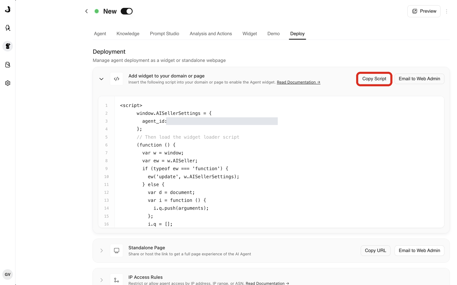 The Deploy tab in Docket Marketing Agent Configuration. The Copy Script button above the generated script block is outlined.